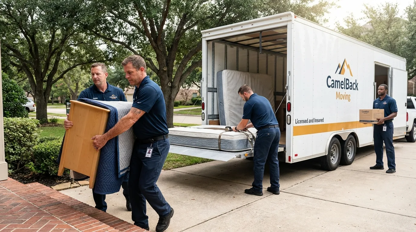 Crew loading residential truck for cross-state move from Taft, TX
