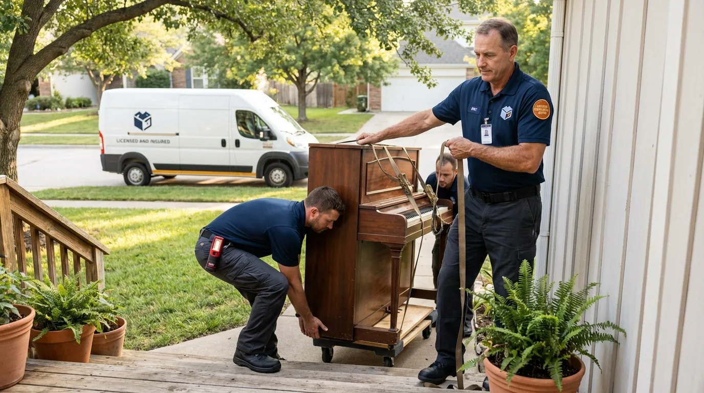 Licensed piano movers securing grand piano in Taft, TX