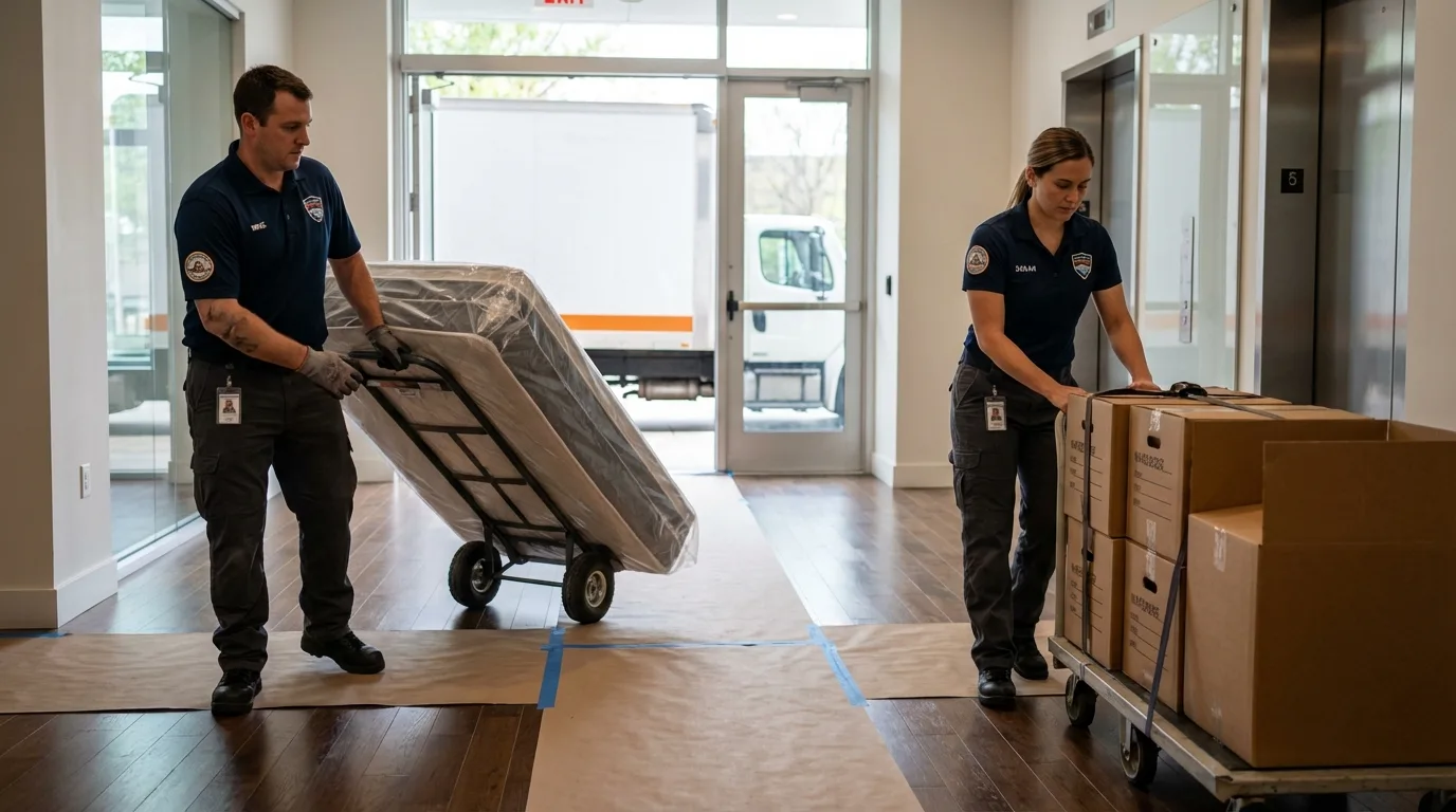 Professional apartment movers loading elevator in Taft, TX