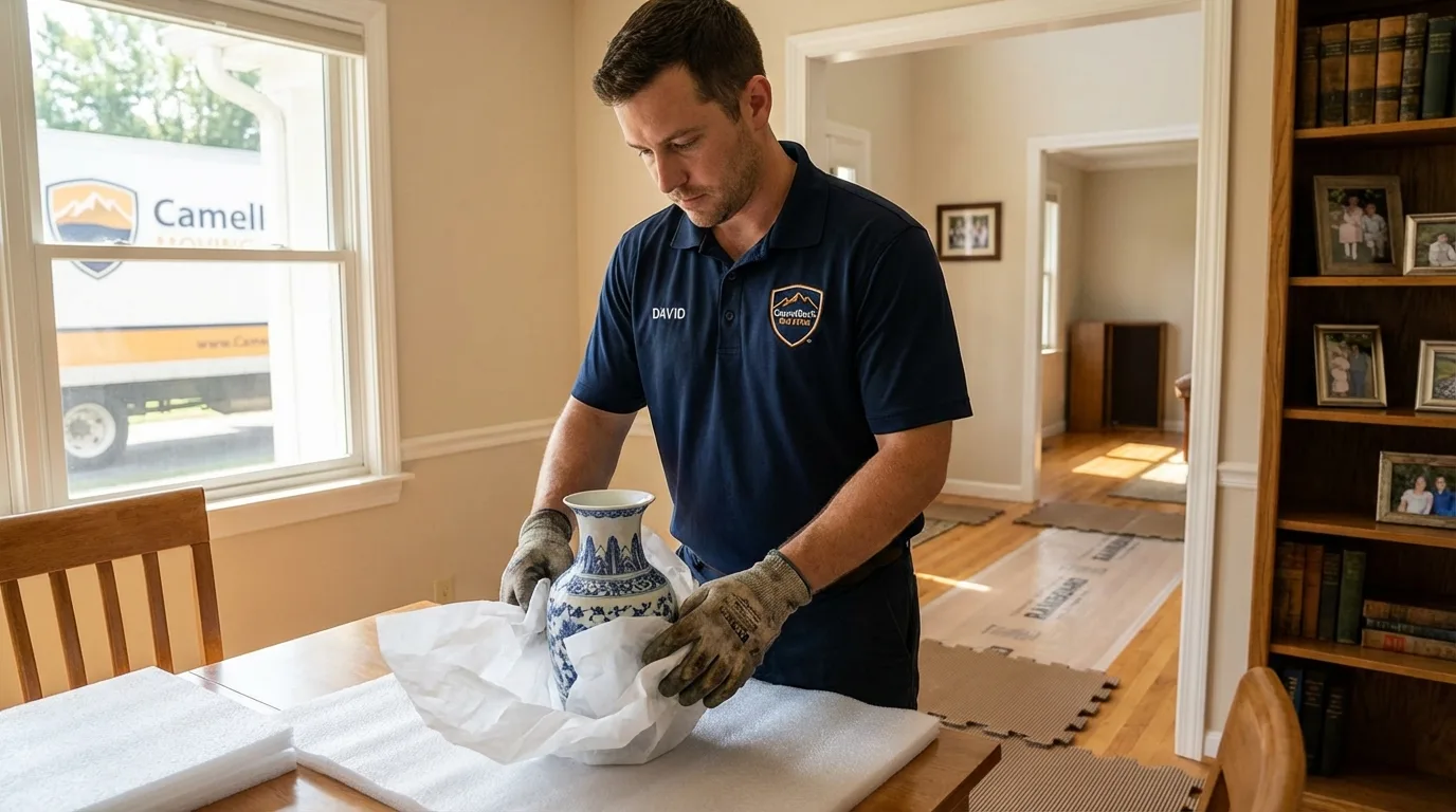Professional crew carefully wrapping antique vase for senior downsizing move in Taft, TX